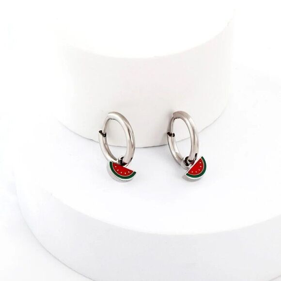 Watermelon Charm Huggie Hoop Earrings in Silver - Picture 3 of 5